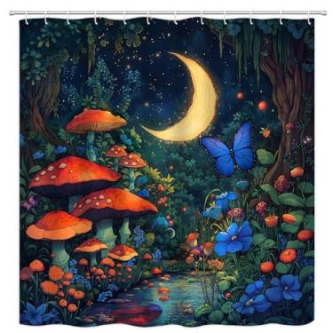 Imagem de PZMPZM Cortina de chuveiro de floresta de cogumelo fantasia jardim de fadas lua encantada selva enevoada borboleta terra das maravilhas planta banheiro cortinas de tecido poliéster com ganchos 170x170