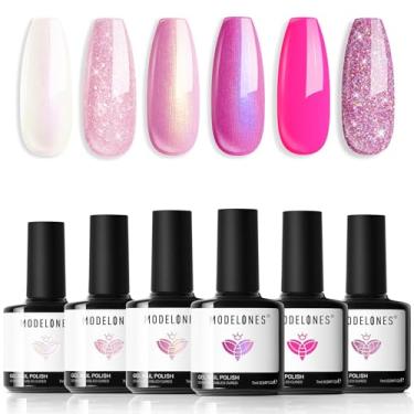 Imagem de modelones Pink Glitter Gel Nail Polish Set, 6 Colors hot pink Tones Sparkle Pink Shades Shimmer Cat Eye for Women Girl Nail Lovers Gift Salon DIY Nail Art Gel Nail Kit