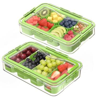 Imagem de Jusmoo Pacote com 2 bandejas de servir divididas com tampa e alça - caixa de lanche grande recipiente de charcutaria para pratos portáteis de lanche de geladeira - organizador de armazenamento