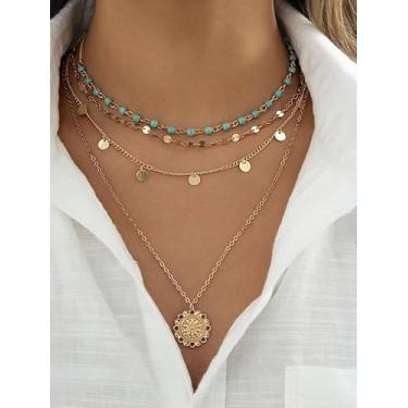 Imagem de Colar com pingente de disco redondo texturizado, 4 peças, boêmio, turquesa, banhado a ouro, lantejoulas, étnico, multicamadas, clavícula, colar, vintage, moda feminina, joia feminina, presente de