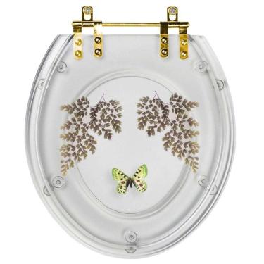 Imagem de Assento Sanitário Decorado Oval Convencional Transparente Com Borboleta Verde Para Todas As Marcas Com Ferragem Dourada
