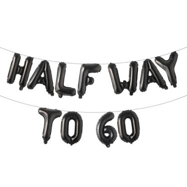 Imagem de Faixa de balão multicolorida Halfway To 60 - Banner Happy 30th Birthday Party - Decorações e suprimentos para festa de 30º aniversário - Decorações de aniversário de 30 anos (caminho até 60 preto)