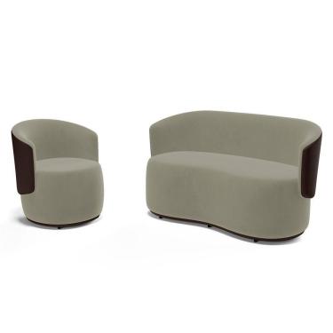 Imagem de Kit Poltrona E Namoradeira Aisha Orgânica Composê Sintético Marrom Com Suede Bege - Abmaza