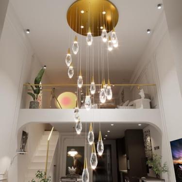 Imagem de ABTTOI Lustre grande de 20 luzes para teto alto pingente dourado com lustre de cristal grande regulável para hall de entrada de escada Villa