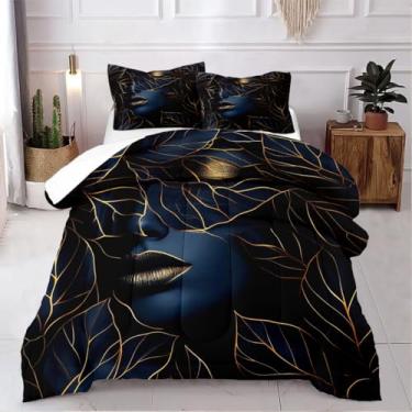 Imagem de CCoutueChen Conjunto de edredom King azul marinho, folhas azuis escuras, lábios místicos, arte abstrata, para crianças, meninos, meninas, macio, leve, 104 x 90