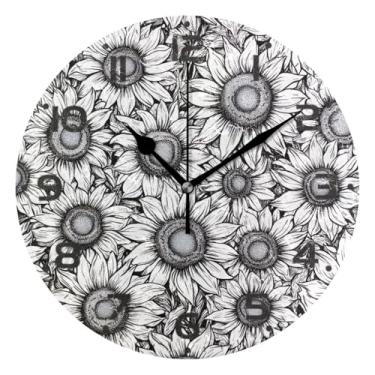 Imagem de Qilmy Relógio de parede pequeno moderno girassol 25 cm, operado por bateria, silencioso sem tique-taque, relógio analógico decorativo para escritório em casa, escola, quarto, banheiro e cozinha, fácil