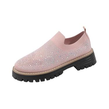 Imagem de Sapato feminino casual versátil cor sólida bico redondo enfeitado com strass salto médio respirável, rosa, 34