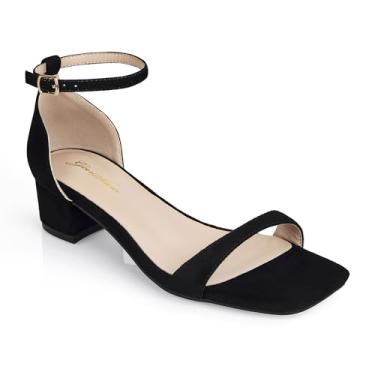 Imagem de GENSHUO Sandálias femininas de salto baixo com salto grosso de 2,5 cm, bico redondo aberto, tira no tornozelo – salto social para festas de casamento e passeios casuais, Preto, 37