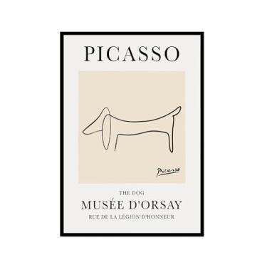 Imagem de Pintura em tela vintage Picasso desenho de linha de cachorro gato pássaro cavalo desenho abstrato animal impressão minimalista arte de parede pôster para sala de estar decoração de casa (SKU3,16x24