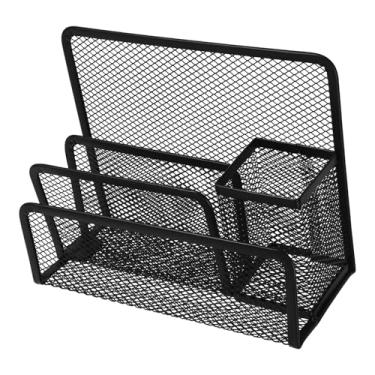Imagem de Suporte de arquivo de revista de malha e porta-canetas, organizador de arquivos de mesa de metal preto com classificador de correio para espaço de trabalho de escritório
