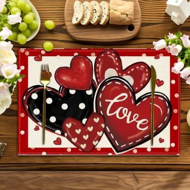 Imagem de Jogo americano clássico preto com estampa de coração de bolinhas em várias posições – Lavável, perfeito para festas de fim de ano, decoração de casa, mesas de cozinha e jantares retangulares