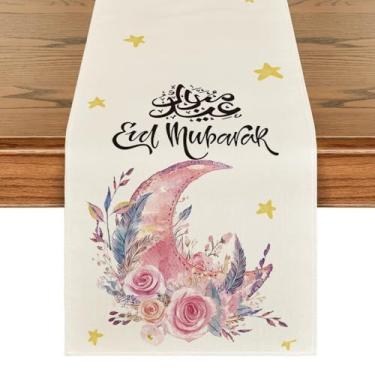 Imagem de Caminho de mesa Ramadan Eid, design de lua e ouro, toalha de mesa de jantar resistente ao calor, decoração de cozinha e entrada, decoração de casa elegante para férias e uso diário (versão vermelha