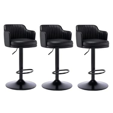 Imagem de Cadeira de Bar Moderna com Encosto, Banco de Bar Giratório Ajustável Conjunto de 3, Cadeira de Bar de Ilha de Cozinha, Armação de Metal Preto de Couro de Altura de Balcão Assento Estofado Redondo