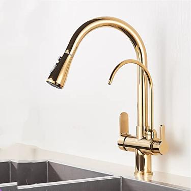 Imagem de Torneira misturadora de água fria quente Guindaste Torneira de cozinha purificada Deck montado Pura filtro de água Pia Rotação de 360 graus, Dourado, Tamanho único