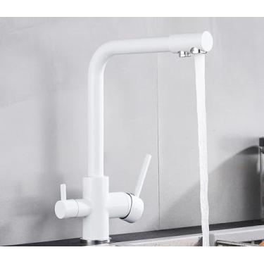 Imagem de Filtro de níquel escovado torneira da cozinha água potável torneira da cozinha deck montado alças duplas misturador de água fria de 3 vias, branco