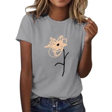 Imagem de Camiseta feminina gola redonda manga curta túnica ajuste solto camiseta casual blusas estampadas florais engraçadas, Cinza, P