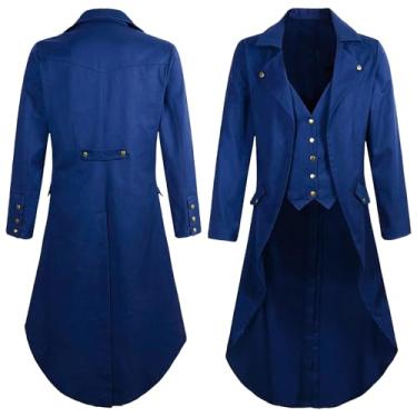 Imagem de Men's Vintage Renaissance Tailcoat Jacket Palace Gothic Victorian Lapel Collar Long Coat Pirate Halloween Prom Costume Uniform Blue L
