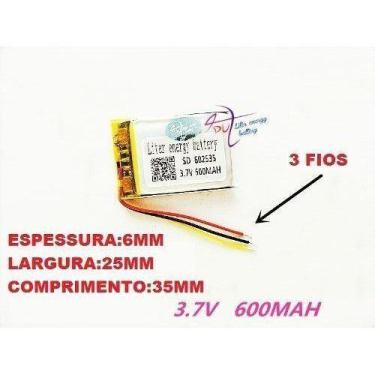 Imagem de Bateria 600 Mah 3,7v C/ 3 Fios  6mm X 25mm X 35mm - bgb