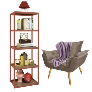 Imagem de Kit Poltrona Fatte com Manta Soft Lilás e Estante Livreiro Ferro Bronz