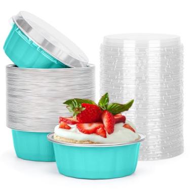 Imagem de Beasea Pacote com 50 ramequins descartáveis de 227 g com tampas, copos de alumínio para assar, elegantes copos de folha de alumínio azul, creme brulee, muffin, cupcake, mini copos de pudim para festa,