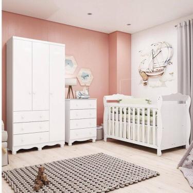 Imagem de Quarto de Bebê Completo com Guarda-roupa 3 Portas e Cômoda e Berço Nina 100% Mdf Espresso Móveis Branco Brilho