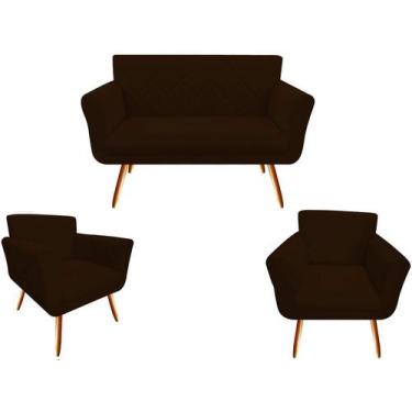 Imagem de Kit Namoradeira + 2 Poltronas Decorativa Sabrina Couro Marrom Pés Made