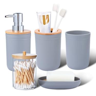 Imagem de iMucci Conjunto de acessórios de banheiro de plástico, conjunto de 5 peças, acessórios de decoração de banheiro, suporte de escova de dentes, copo de escova de dentes, dispensador de sabonete, saboneteira (capa de bambu cinza)
