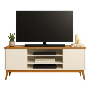 Imagem de Rack Bancada Para TV Até 60 Polegadas 1,60m 2 Portas 3 Nichos Titan Off White / Madeirado EDN