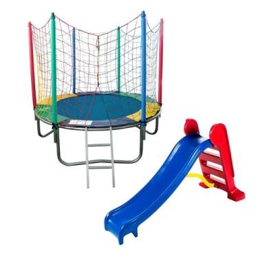Imagem de Kit Brinquedos Playground Cama Elástica Pequena Pula Pula Trampolim 1,
