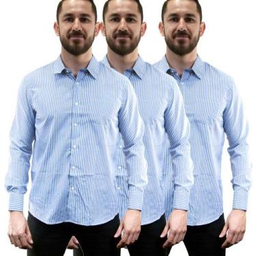 Imagem de Kit 3 Camisas Social Masculina Listrada Manga Longa Camisaria Colombo,