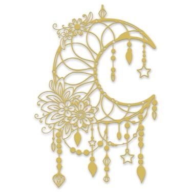 Imagem de Xedatric Decoração de parede de fase da lua preta fosca - Arte de parede de lua de metal elegante com estrelas florais e penduradas - Decoração de quarto celestial para interior e exterior (ouro)