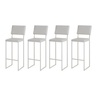 Imagem de Kit 4 Banquetas com Encosto Industrial e Moderna Nina Branco e Corino Branco