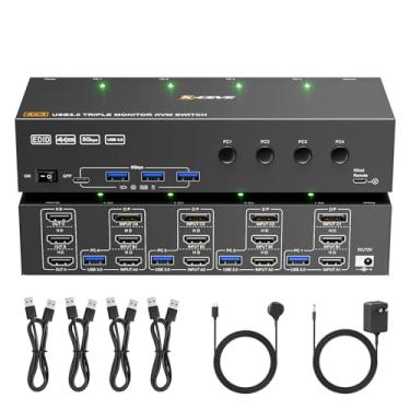 Imagem de KVM Switch 3 Monitores 4 Computadores 4K@60Hz,Simulação EDID,USB 3.0 HDMI Displayport KVM Switch Triple Monitor para 4 PC Share 3 Monitores e Keyboard Mouse Printer,com Cabos Remotos e 4 Cabos USB