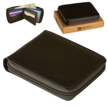Imagem de Carteira Masculina Couro Legítimo Ziper Porta Cartão Documentos Crédito CNH Grande Completa Monolo (Marrom Escuro)