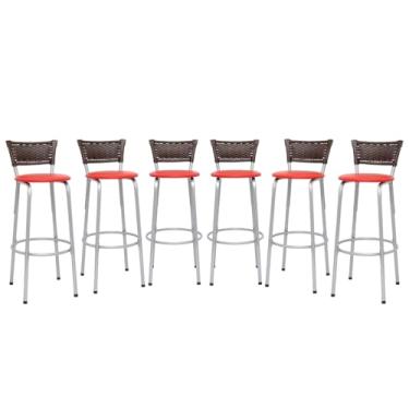 Imagem de Kit 6 Banquetas Alta Junco Argila Estrutura Prata 70cm Para Balcão Ilha Bancada Cozinha Bar Bistrô Americano - Itagold (Assento Vermelho)