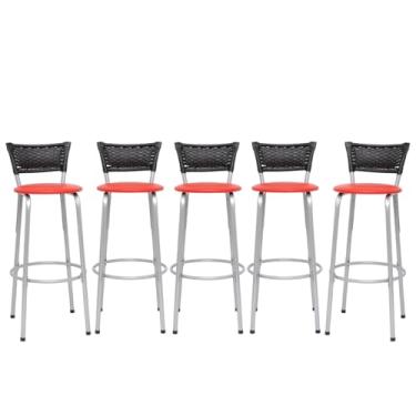 Imagem de Banqueta Altas Junco Preto Estrutura Prata 70cm Para Balcão Cozinha, Bar, Bistrô, Americano Kit 05 Unidades - Itagold (Assento Vermelho)