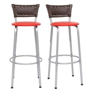 Imagem de Kit 2 Banquetas Alta Junco Argila Estrutura Prata 70cm Para Balcão Ilha Bancada Cozinha Bar Bistrô Americano - Itagold (Assento Vermelho)