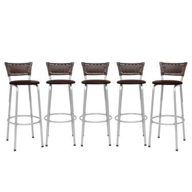 Imagem de Kit 5 Banquetas Alta Junco Argila Estrutura Prata 70cm Para Balcão Ilha Bancada Cozinha Bar Bistrô Americano - Itagold (Assento Marrom Claro)
