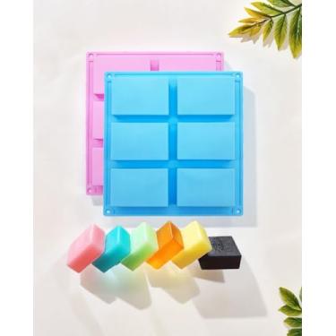 Imagem de Conjunto de 2 moldes de sabão de silicone, 6 moldes quadrados de sabão de cavidade para fazer sabonete, bolo e chocolate, moldes de silicone de grau alimentício (rosa, azul claro)