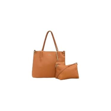 Imagem de Kit 3 Peças Bolsa Feminina em Couro Sintético, Caramelo, com Alça Trançada, Bolsa Grande 30x27x11cm, Bolsa Média Transversal, Necessaire
