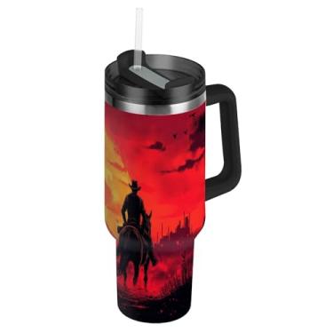 Imagem de Blueangle Copo caubói americano de 850 g com alça e tampa de palha, caneca de viagem de aço inoxidável isolada a vácuo de parede dupla, garrafa de água reutilizável para academia de escritório ao ar