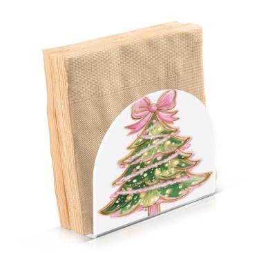 Imagem de Blueangle Pacote com 2 porta-guardanapos de árvore de Natal rosa - decoração de mesa de acrílico à prova de vento para cozinha e casa, dispensador de lenços de férias com porta-guardanapos verticais