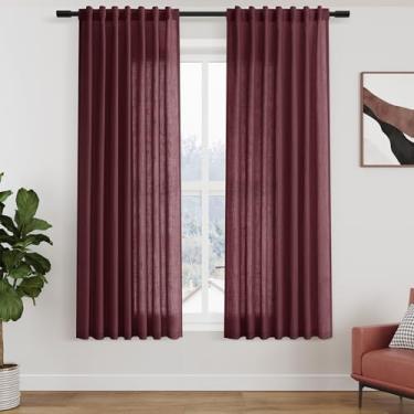 Imagem de Cortinas de linho bordô 153 cm de comprimento, conjuntos de 2 painéis para sala de estar, quarto, varão bolso traseiro, filtro de luz, drapeado para janela de cozinha, cortina de privacidade, proteção