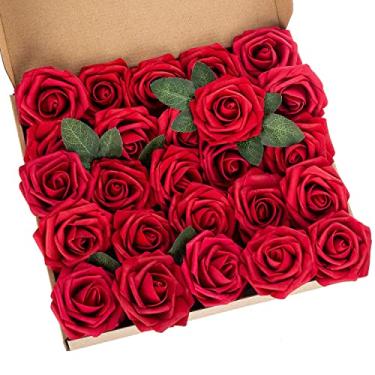 Imagem de Exoment 25 peças de espuma de flor artificial rosa toque real rosas flores cabeças com haste para buquês de casamento faça você mesmo, arranjos de mesa, chá de bebê, decoração de casa (vermelho escuro)