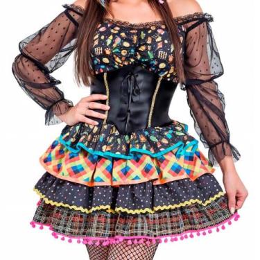 Imagem de Vestido Festa Junina Adulto de Luxo Com Saia Armada Preto Xadrez - Fan