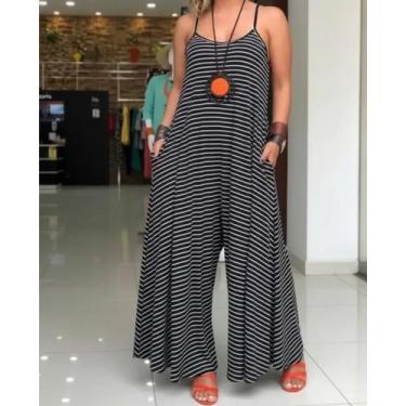 Imagem de Macacão feminino longo flare - KLS CONFECÇÕES, Listrado preto, Branco,