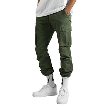 Imagem de Calça cargo masculina jogger calça atlética folgada reta calça de moletom com cordão casual ao ar livre com bolso, Verde militar, GG