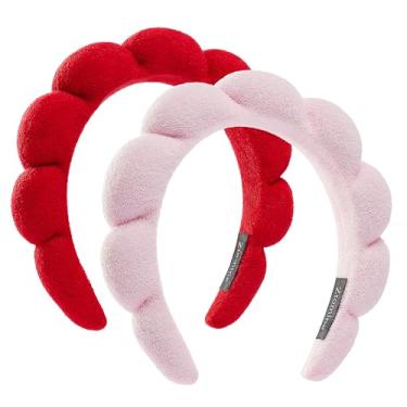 Imagem de Ztomine Conjunto de 2 faixas de cabeça de spa, conjunto de 2, faixa de cabeça de tecido felpudo para lavagem facial – faixas de cabelo inchadas para lavar o rosto, máscara (rosa + vermelho)