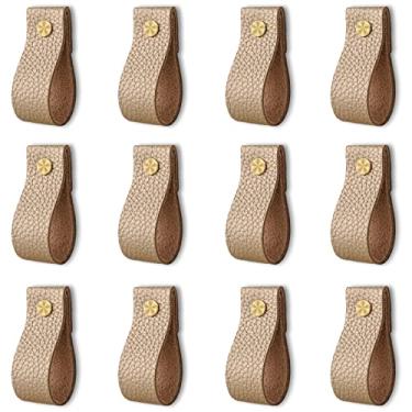 Imagem de Puxadores de gaveta de couro, 12 peças de puxadores de couro, puxadores de couro feitos à mão, puxadores de armário para gavetas, portas de armário e armário (dourado)