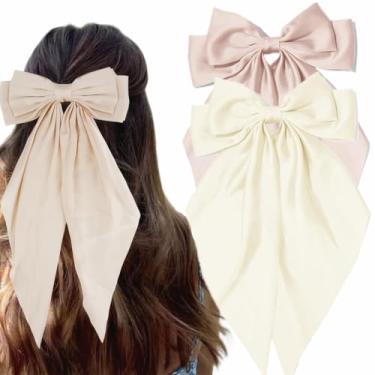 Imagem de JOYRUBY 2 peças de laços de cabelo para mulheres, grampos de cabelo bege, laços grandes para meninas, laço de cabelo de cetim de cauda longa para meninas, laços de cabelo grandes, acessórios de cabelo